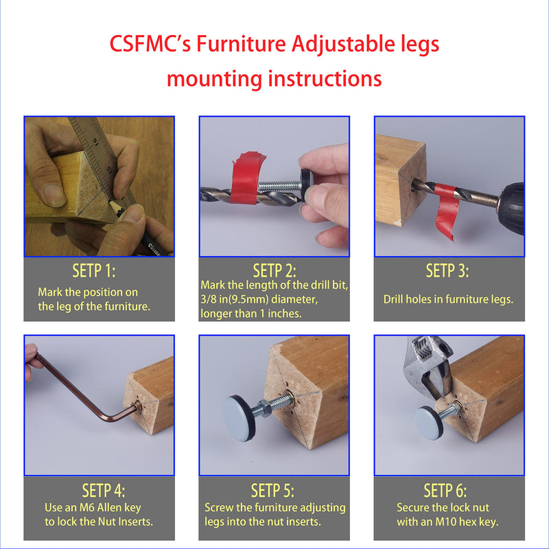 CSFMC Furniture Leveler PTFE(Teflon) Bottom(20mm Base 1/4-20,16 Pack),Threaded Shank Adjust Pads,Table/Chair/Cabinet/Sofa Medium Adjustable Legs Leveling,Nuts Installation and Floor Protection 20mm Base 1/4-20x1",16 Pack - NewNest Australia