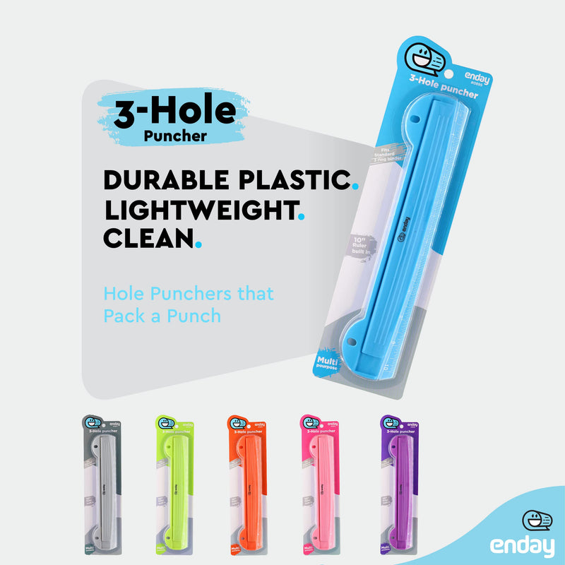 3 Hole Punch Blue, Portable Hole Puncher for 3 Ring Binder, 5 Sheets Capacity, Removable Chip Tray, 10” Ruler for School, Office, Also Available in Purple, Pink, Green, Red, Grey, 1 Pc-by Enday - NewNest Australia
