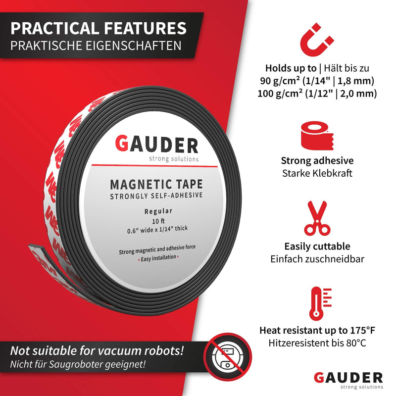GAUDER Strong Magnetic Tape Self Adhesive (10' Long x 0.6" Wide x 1/14" Thick) | Magnetic Strips with Adhesive Backing | Magnet Roll 10 Feet - NewNest Australia