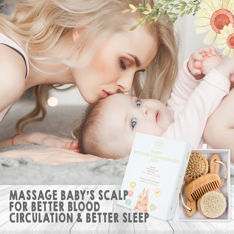 Baby Hair Brush and Baby Comb Set - Wooden Baby Brush with Soft Goat Bristle - Toddler Hair Brush Baby Brush and Comb Set - Baby Brush Set for Newborns - Infant Hair Brush, Cradle Cap (Round, Walnut) Round - NewNest Australia