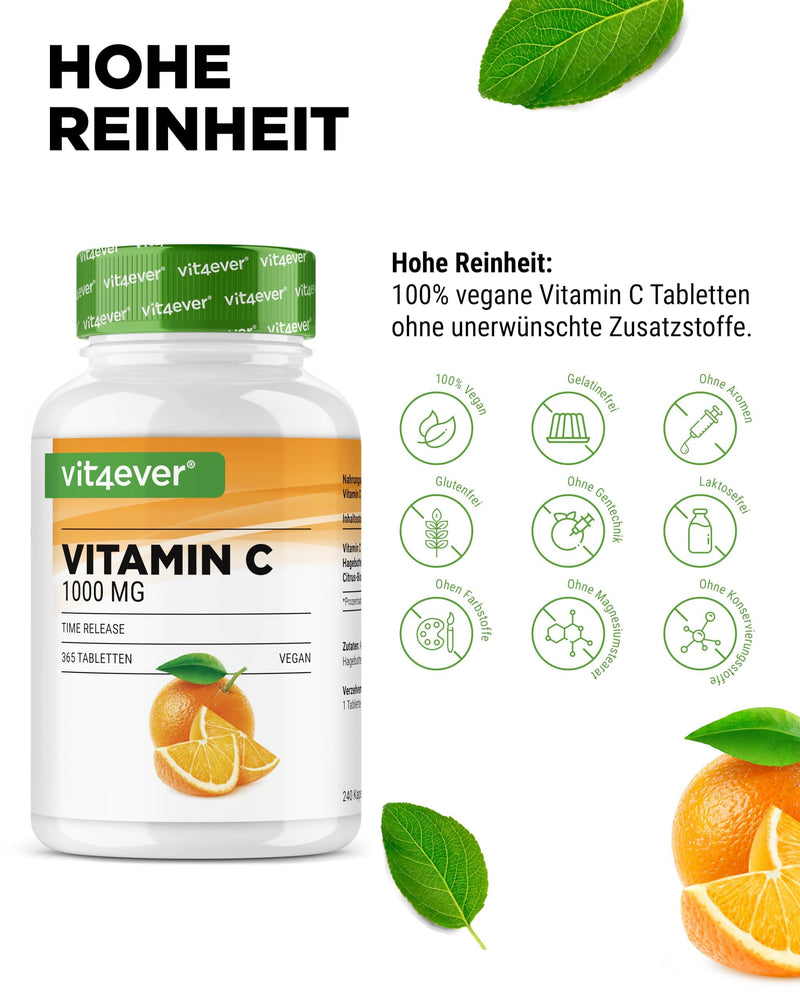 Vitamin C 1000mg - 365 tablets in annual supply - Time released effect - Laboratory tested - Vitamin C + rosehip extract + citrus bioflavonoids - Vegan - High dosage - NewNest Australia