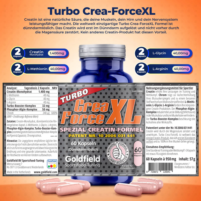 Goldfield Crea Force Xl - 60 Tablets, Pills, Creatine With Stomach Acid Protection, Does Not Turn Into Creatinine, Your Muscles Become With 100% Pure Creatine - NewNest Australia