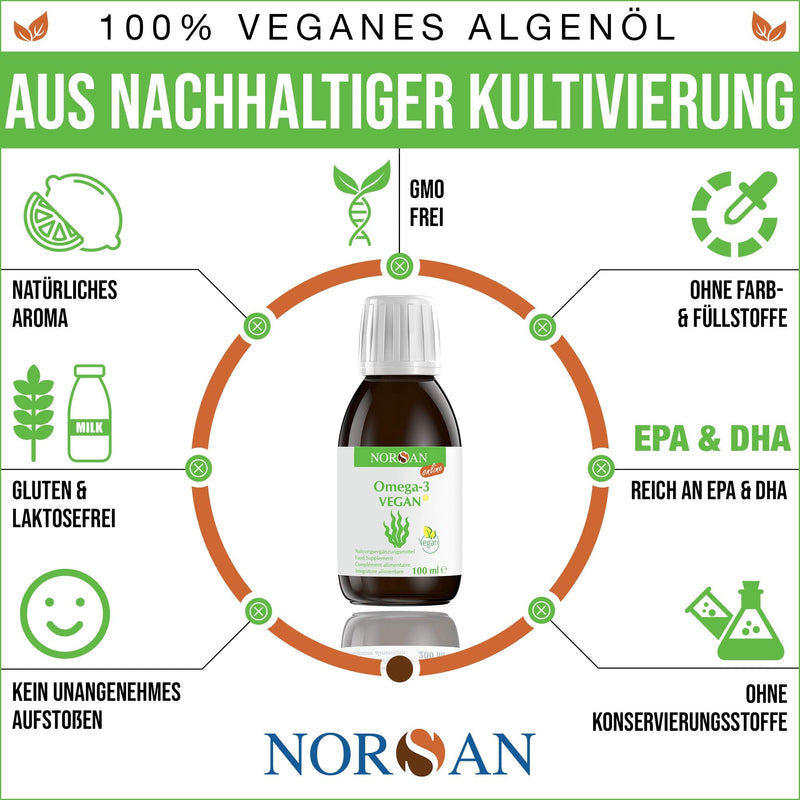 NORSAN Premium Omega 3 Vegan high dosage pack of 2 (2x 100ml) / 2000mg, daily dosage/algae oil rich in EPA & DHA 800 IU vitamin D3 / 100% vegan oil sustainable cultivation 100.00 ml (pack of 2) - NewNest Australia
