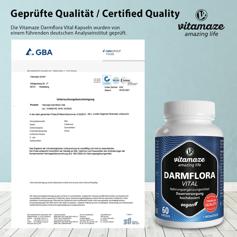 Darmflora Vital capsules, high dosage, enteric-resistant, 60 vegan capsules of probiotics for 1 month of intestinal treatment with 12 active intestinal bacterial cultures + inulin, 16.2 billion CFU per day, Made in Germany - NewNest Australia