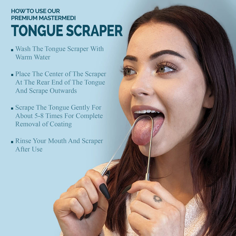 Mastermedi 100% Stainless Steel Tongue Scraper - 4 Pack Fights Bad Breath Large For Oral Care, Medical Grade Tongue Cleaner For Adults And Children, Easy To Use With Non-Plastic Handle - NewNest Australia