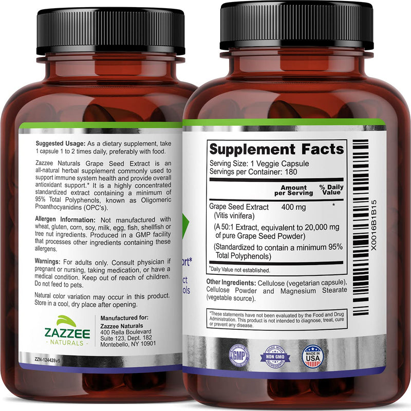 Zazzee Grape Seed Extract 20,000 mg Strength, 180 Vegan Capsules, 95% Polyphenols (Proanthocyanidins), Potent 50:1 Extract, 400 mg per Capsule, 6 Month Supply, Non-GMO and All-Natural - NewNest Australia