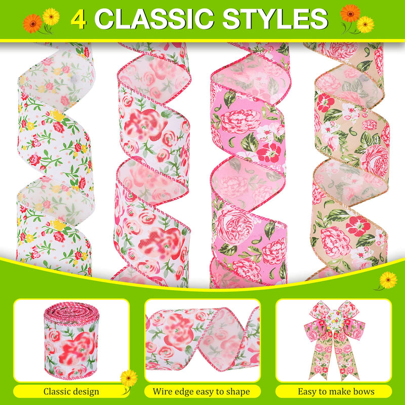 Floral Ribbon 4 Rolls Wired Edge Ribbon Spring Summer Craft Wired Ribbon Flower Pattern Ribbons Decorative Fabric Ribbons for Making Bows and Wreaths Gift Wrapping, 20 Yard x 2.5 Inch (Delicate Style) Delicate Style - NewNest Australia
