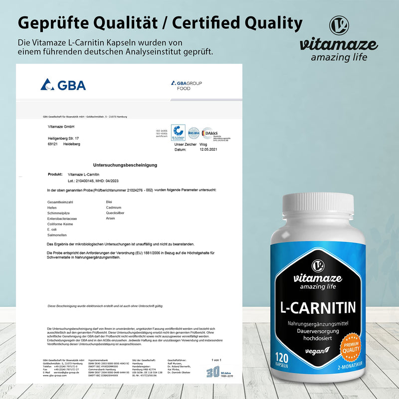 High-dose L-carnitine & vegan, 680 mg of pure L-carnitine tartrate per day, 120 capsules for 2 months, natural supplement without additives, Made in Germany - NewNest Australia