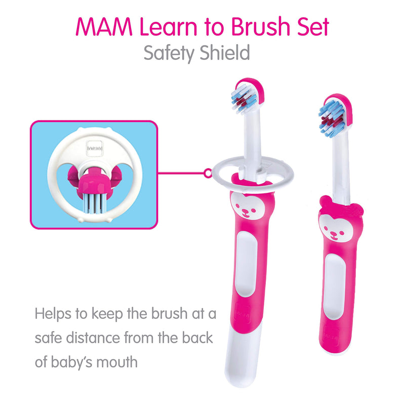 MAM Learn to Brush Set (1 Baby's Brush Toothbrush, 1 Training Brush, 1 Safety Shield), Baby Toothbrushes with Brushy The Bear, Interactive App, for Boys 5+ Months, Blue - NewNest Australia