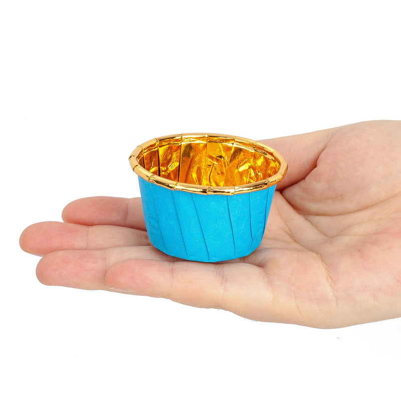 NewNest Australia - GOLDEN APPLE, Aluminum Foil Paper Mini Cake Baking Cups 50 Pack, Muffin Cupcake Baking Mold Cup Liners Baking Cups for Party Wedding Festival, cupcake liners, Small Blue in Gold 