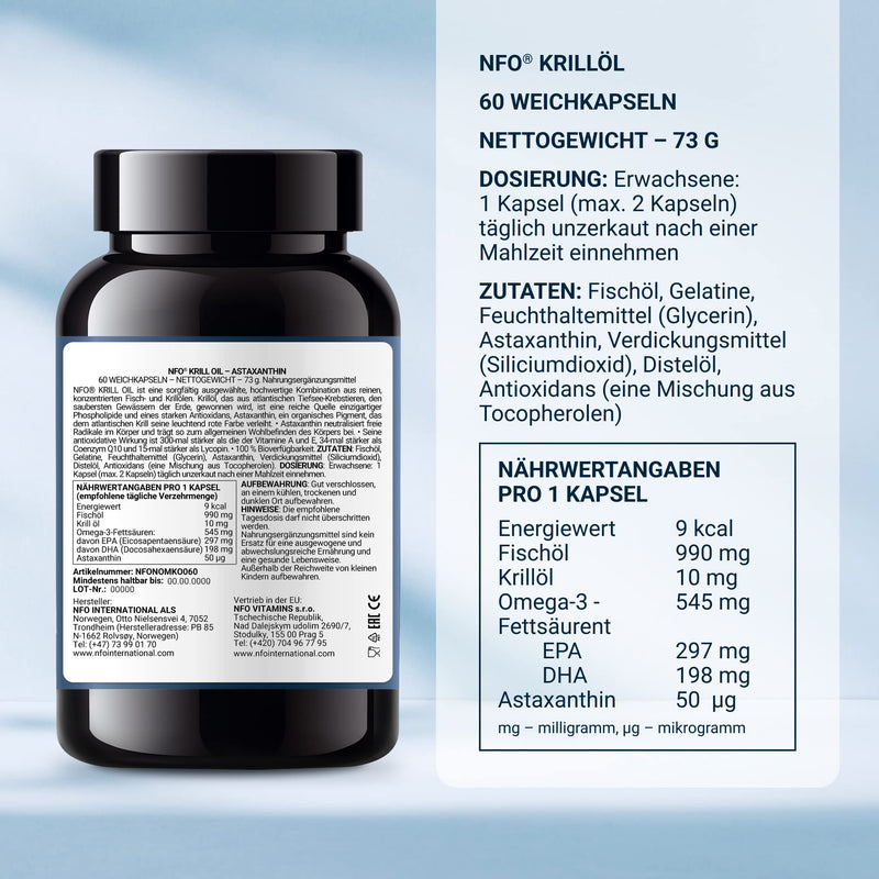 NFO OMEGA 3 KRILL OIL Astaxanthin [60 capsules] Made in Norway High-dose krill oil, with fish oil and high-dose EPA & DHA as an astaxanthin & phospholipid complex from wild fish and krill - NewNest Australia