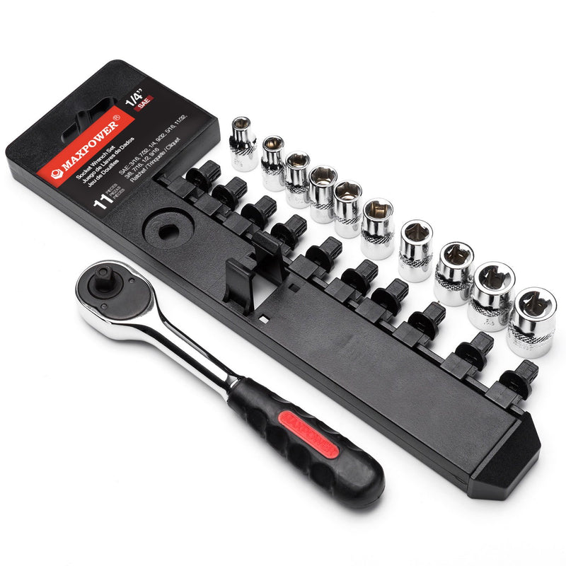 MAXPOWER 11-Piece 1/4" Ratcheting Socket Wrench Set Quick Release Reversible Ratchet Handle and Swappable Spanners Inch Imperial Sockets with Hanging Rack SAE 1/4" Drive - NewNest Australia