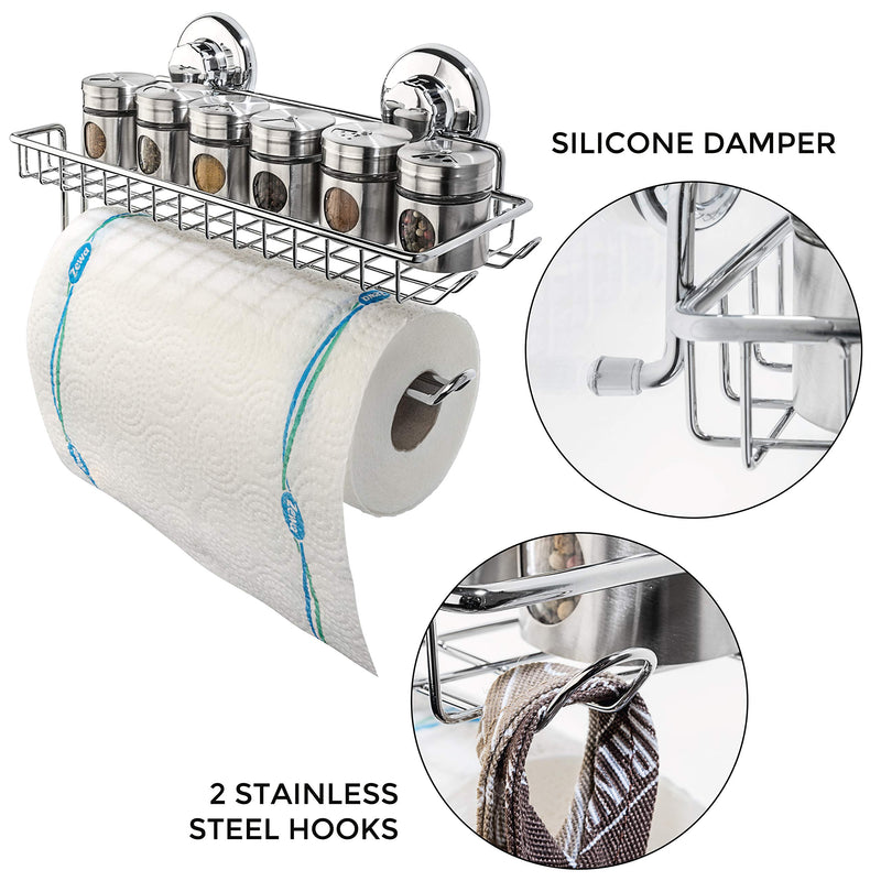 HASKO accessories Suction Cup Paper Towel Holder with Shelf and Hooks - Wall Mount Metal Roll Organizer - Tissue Roll Hanger for Bathroom & Kitchen - SUS 304 Stainless Steel Roll Holder - Chrome - NewNest Australia