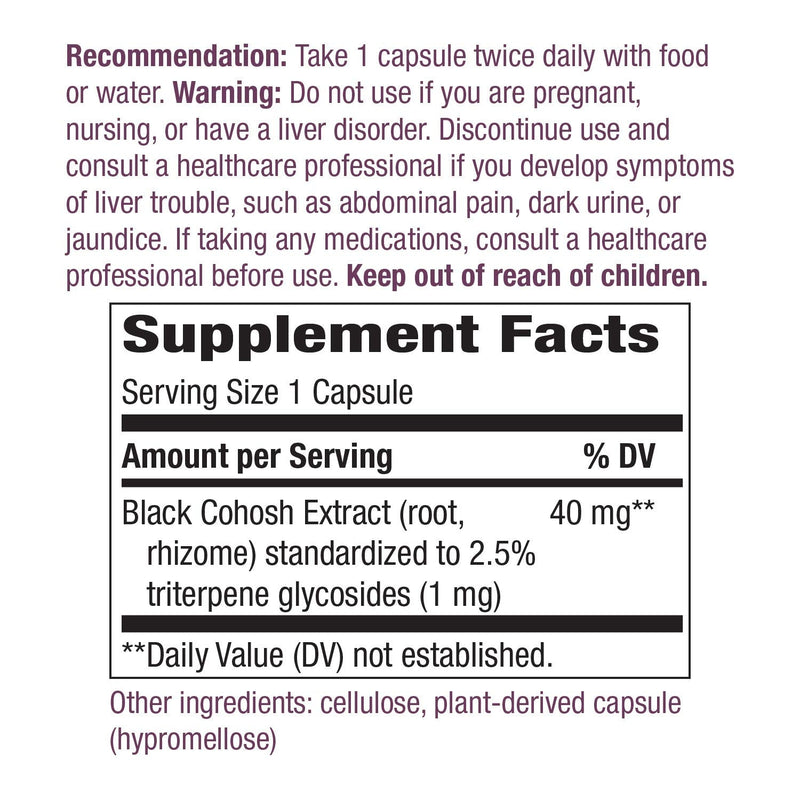 Nature's Way Standardized Black Cohosh, 2.5% Triterpene Glycosides per serving, 40 mg per serving, Non-GMO Project Verified, Gluten Free, Vegetarian, 120 Capsules 120 Count (Pack of 1) - NewNest Australia