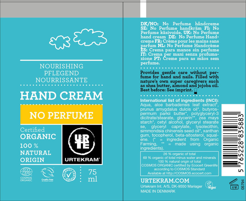 Urtekram No Perfume Hand Cream Organic, Nourishing, 75 ml - NewNest Australia