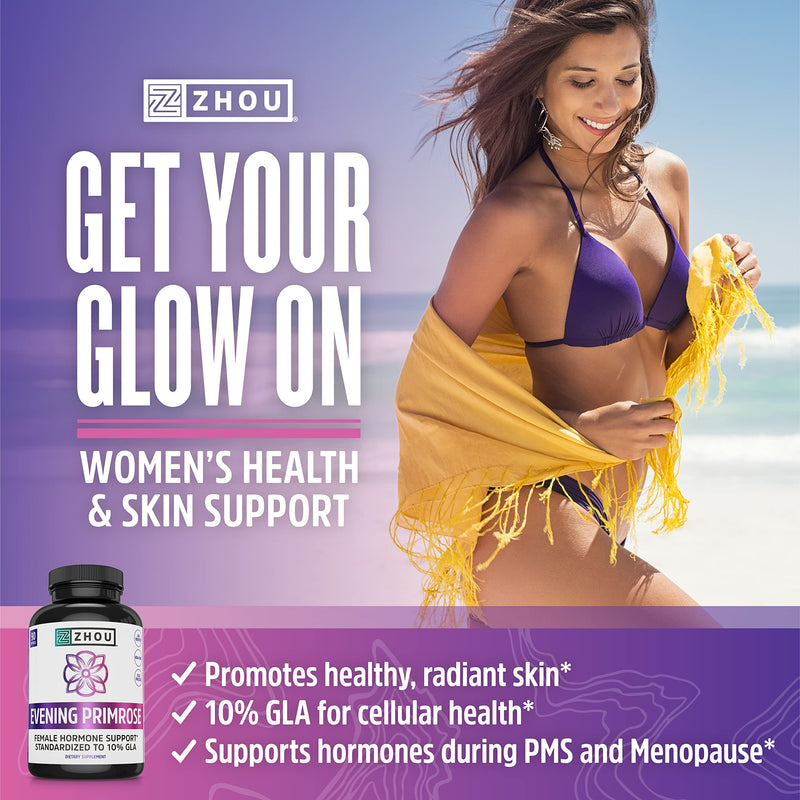 Zhou Nutrition Evening Primrose Oil Capsules- Supports Hormone Balance for Women, PMS & Menopause Support, Cold Pressed & Hexane Free - 1400mg 10% Gla - NewNest Australia