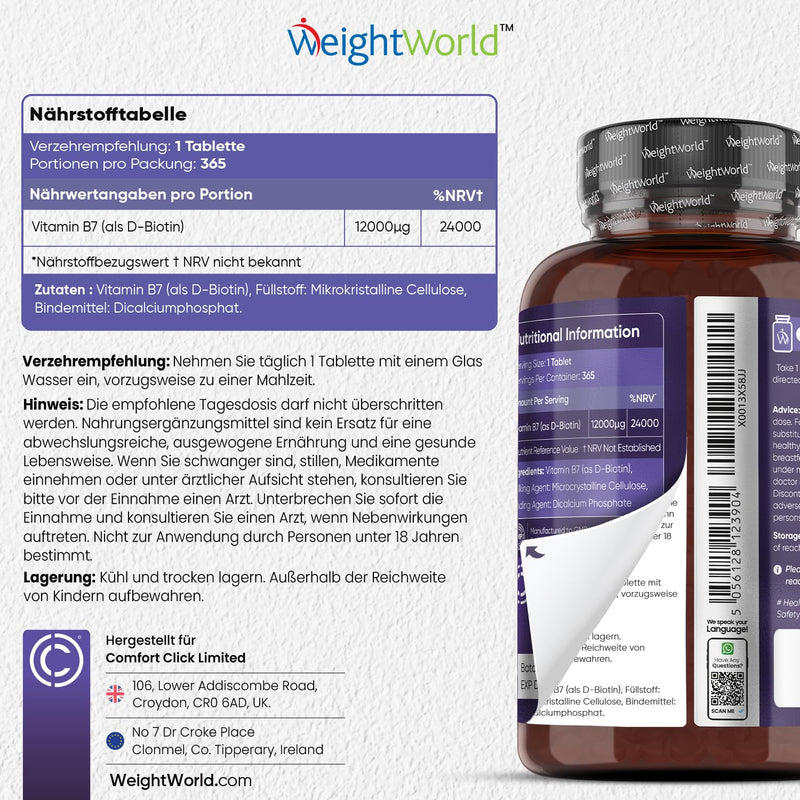 Biotin tablets - 12,000μg pure biotin for hair, skin and beard growth - 1 year supply with 365 vegan tablets - Vitamin B7 - Tested D-biotin (vitamin H) for women and men - From WeightWorld - NewNest Australia