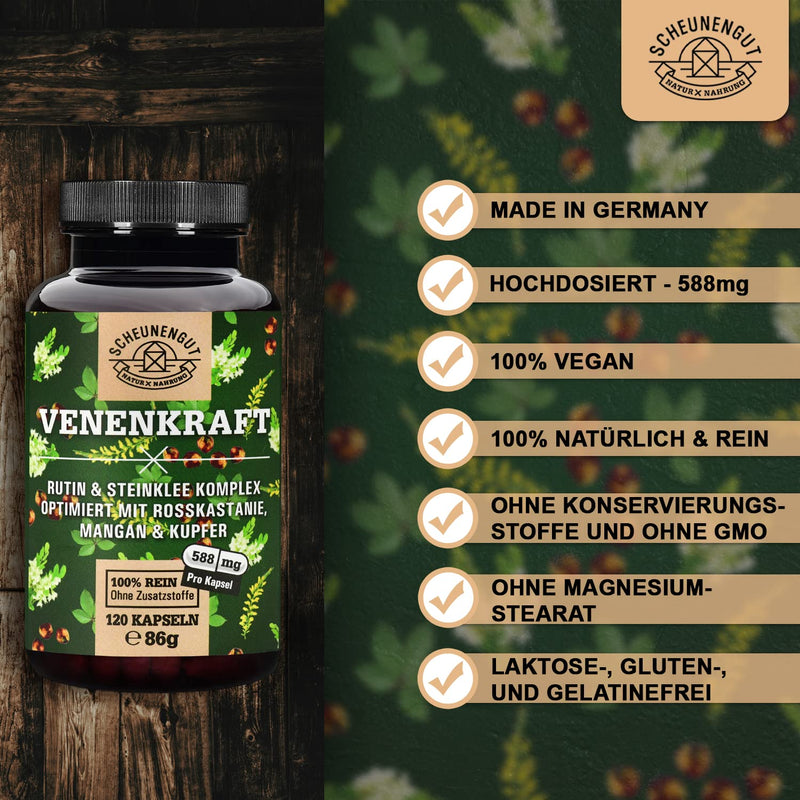 Venenkraft Rutin Stone Clover Capsules High Dose - Important: Laboratory Tested 5-Way Vein Complex With Rutin, Stone Clover, Horse Chestnut Extract, Manganese + Copper I 120 Vein Capsules I From De I Schaunengut - NewNest Australia