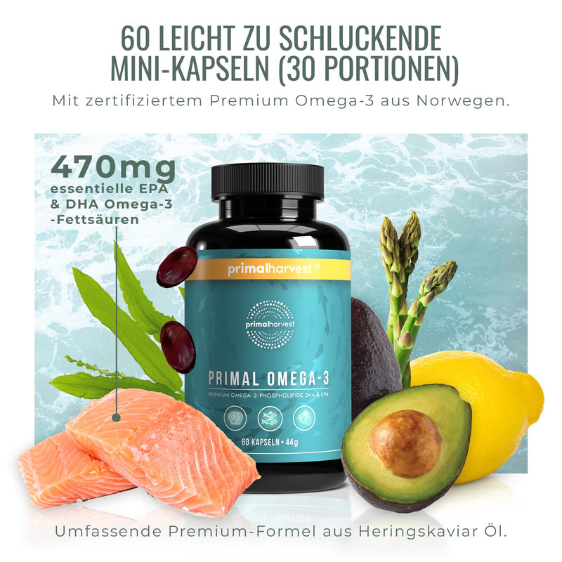 Primal Harvest ® Omega 3 Fish Oil (30 servings) - 60 Omega 3 capsules in easy-to-swallow softgel form - 470mg EPA & DHA from sustainably caught Norwegian fish original - NewNest Australia