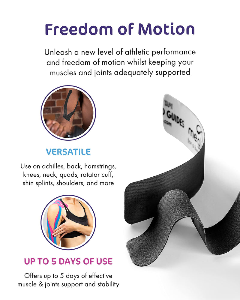 Meglio Kinesiology Tape - Uncut 5 Metre Roll - Therapeutic and Hypoallergenic - For Muscle Support & Sports Injury Recovery - Breathable & Waterproof - Knee, Ankle, & Wrist - Long Lasting Adhesive Black - NewNest Australia