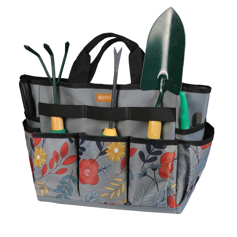 MDSTOP Garden Tool Bag, Garden Tool Kit Holder Home Organizer Storage Carrier, Oxford Garden Hand Tool Storage Tote Organizer with Handle and 8 Roomy Pockets, Floral Gardening Gift, Tools Not Included Grey - NewNest Australia