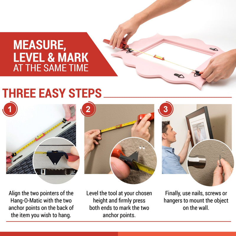 Hang-O-Matic All-in-One Picture Hanging Tool, Picture Hanger, Picture Frame Level Ruler, Perfect to Hang Pictures, Mirrors, TVs, and Shelves Red - NewNest Australia