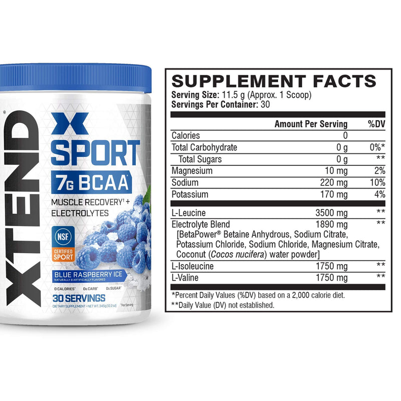 XTEND Sport BCAA Powder Blue Raspberry Ice - Electrolyte Powder for Recovery & Hydration with Amino Acids - 30 Servings 30 Servings (Pack of 1) - NewNest Australia