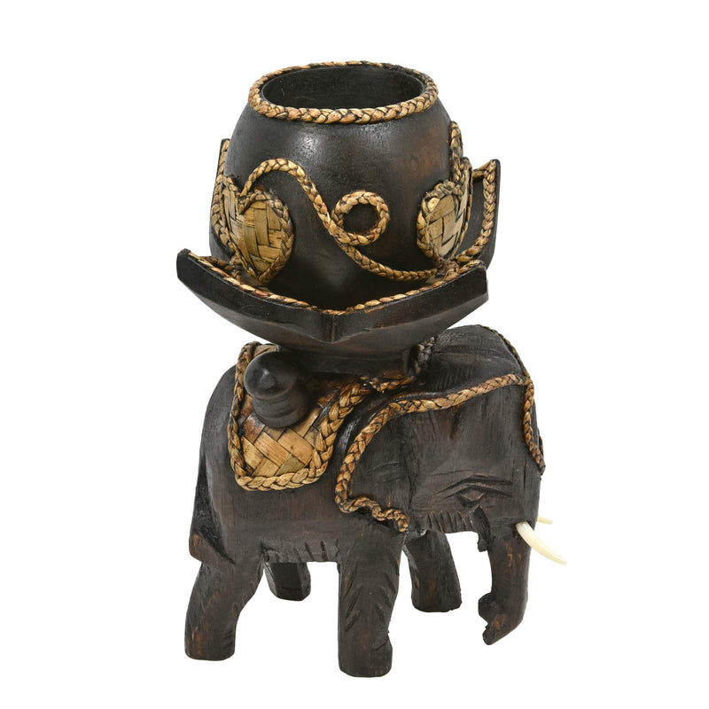 NewNest Australia - AeraVida Lovely Hand Carved Rain Tree Wood Elephant Carrying Heart Candle Holder 