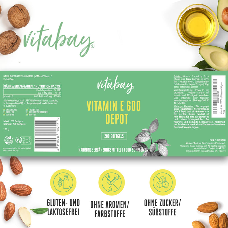 Vitabay High-dose Vitamin E 600 IU Depot - 200 VEGAN Softgel Vitamin E Capsules High Dose with Tocopherol and Tocotrienol - Natural Vitamins Vit E - Vitamins Softgels Capsule with Tocotrienols - NewNest Australia