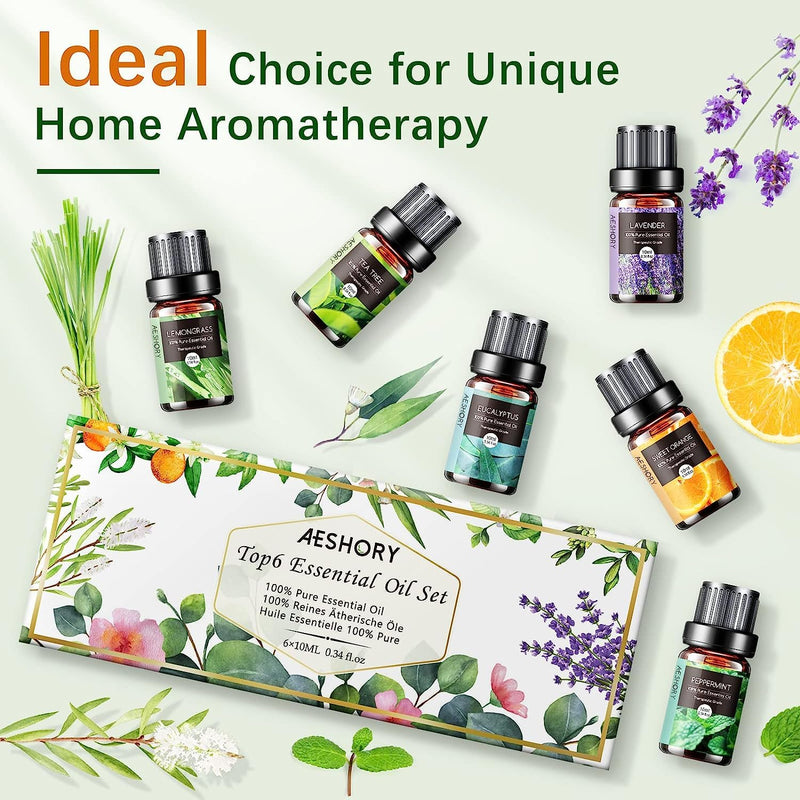 Aeshory Essential Oils Set For Diffuser 6 X 10 Ml, 100% Natural Aromatherapy Fragrance Oil, Aroma Oil Gift Set For Soap, Candles, Humidifier, Spa - Lavender, Mint, Tea Tree, Sweet Orange, Eucalyptus - NewNest Australia