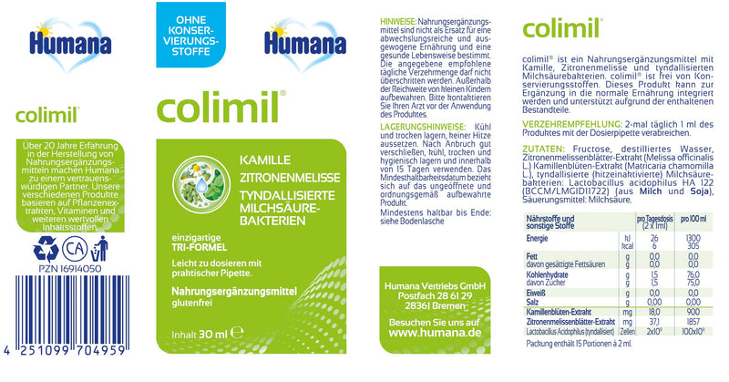 Humana colimil, dietary supplement with chamomile, lemon balm & tyndallized lactic acid bacteria, liquid dietary supplement, with practical dosing pipette, 30 ml - NewNest Australia