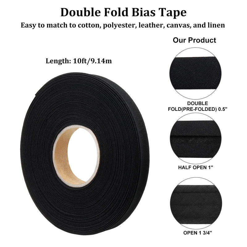 Jetec 1/2 Inch Double Fold Bias Tape Bias Binding Tape Wide Fold Cotton Tape for Sewing Seaming Hemming Piping Quilting Projects (Black,10 Yards) Black 10 Yards - NewNest Australia