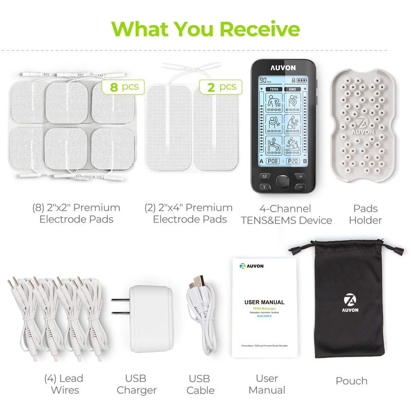 AUVON 4 Outputs TENS Unit EMS Muscle Stimulator Machine for Pain Relief Therapy with 24 Modes Electric Pulse Massager, 2" and 2"x4" Electrodes Pads (Black) A-black - NewNest Australia
