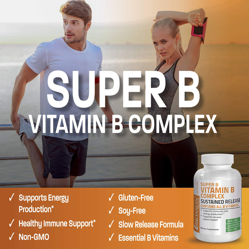 Bronson Super B Vitamin B Complex Sustained Slow Release (Vitamin B1, B2, B3, B6, B9 - Folic Acid, B12) Contains All B Vitamins 100 Tablets 100 Count (Pack of 1) - NewNest Australia