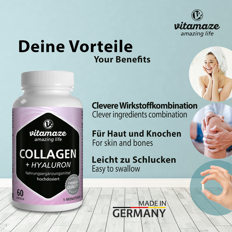 Collagen Capsules High Dose + Hyaluronic Acid + Chondroitin + Lysine, 600 Mg Pure Collagen Hydrolysate Per Day, 60 Capsules For 1 Month, Bioactive & No Additives, Made In Germany - NewNest Australia