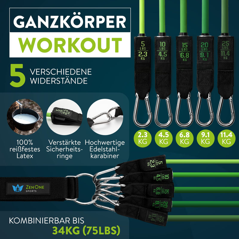 Zenone Sports Resistance Band Set 5 Fitness Bands Resistance Bands Expander Set - Resistance Bands Resistance Band Set With Handles, Foot Straps, Door Anchors Including Workout Guide & Video Set Green - NewNest Australia