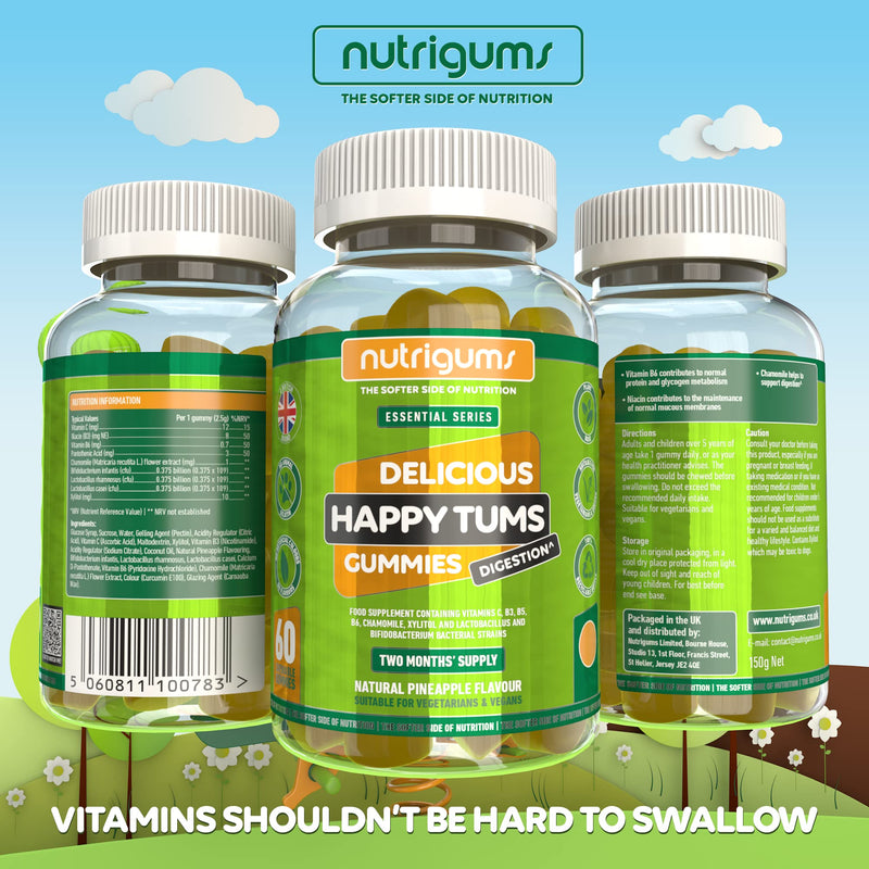 NUTRIGUMS® Happy TUMS (Probiotics) 60 Vegan Gummies. Pineapple Flavour. Gut & Digestive Health 1.25 Billion CFU Probiotics, Vitamins C, B3, B5, B6, Chamomile and Xylitol. for Adults + Kids Age 5+ - NewNest Australia