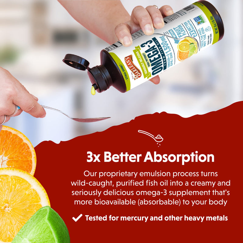 Barlean's Citrus Sorbet High Potency Omega 3 Fish Oil Liquid Supplement, 1500mg of EPA & DHA Fatty Acid, Smoothie Flavored & Burpless for Brain, Joint, & Heart Health, 16 oz - NewNest Australia