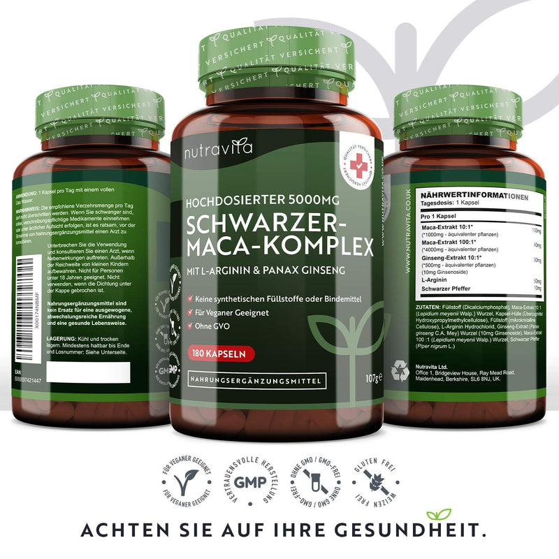 Black Maca Complex - High Dose with 5,000 mg - 180 Vegan Capsules - With Natural Vitamin C (Acerola) - Laboratory Tested in Germany - No Additives and GMO Free - 6 Month Supply - NewNest Australia
