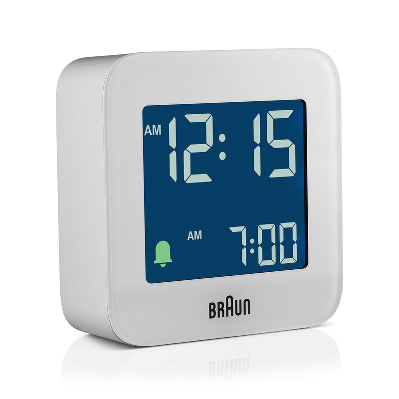 NewNest Australia - Braun Digital Travel Alarm Clock with Snooze, Compact Size, Negative LCD Display, Quick Set,Crescendo Beep Alarm in White, Model BC08W. 
