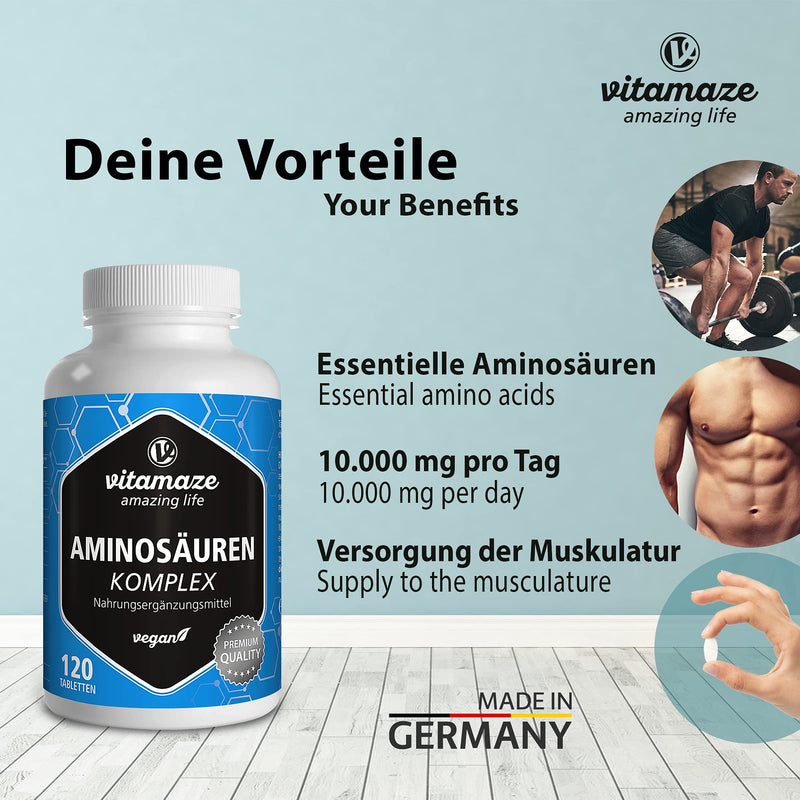 Amino acid complex, high dosage & vegan, 120 tablets with 8 essential amino acids EAA (including tryptophan, lysine, leucine, tyrosine), nutritional supplement without additives, Made in Germany - NewNest Australia