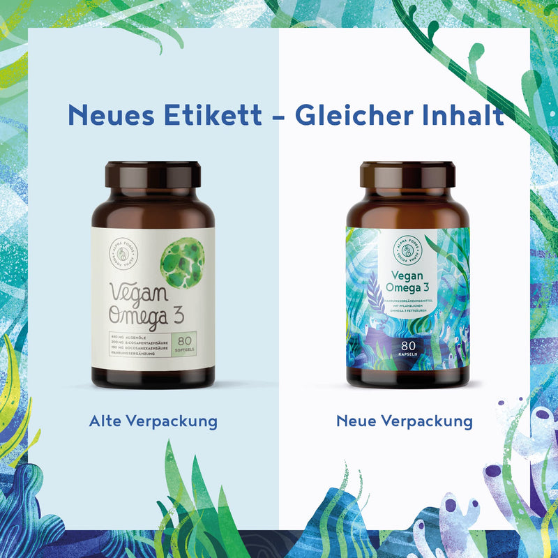 Vegan Omega 3-80 vegan softgel capsules - 500mg algae oil from German brand production per daily dose - Vegetable alternative to fish oil capsules - DHA fatty acids - NewNest Australia
