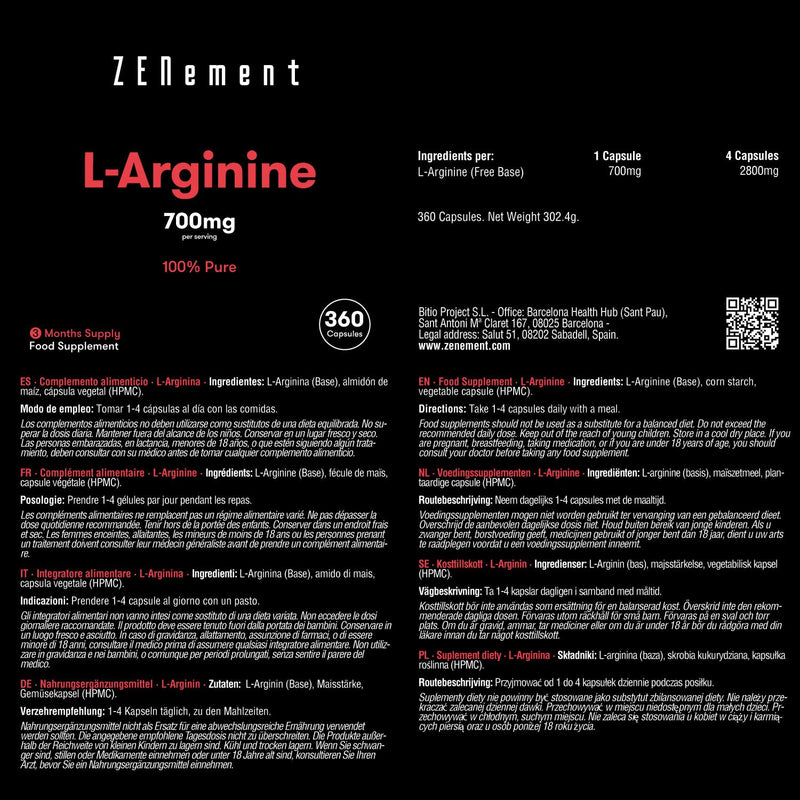 L-Arginine 100% Pure, 2800 Mg (4 Capsules), 360 Capsules, Vasodilator Promotes Sporty Performance And Muscle Building, Vegan, No Additives, Gluten Free, Cenement - NewNest Australia