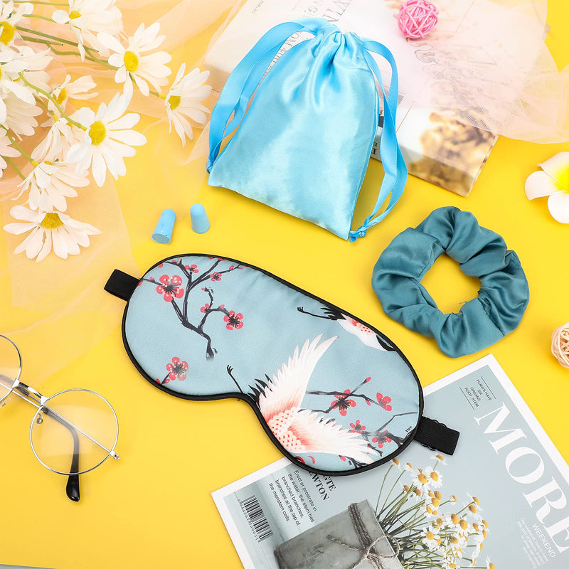 1 Set Sleep Masks with Earplug, Storage Bag and Hair Scrunchies, Silk Sleep Mask Sleeping Eye Mask Eye Cover Crane Pattern Silk Eye Mask with Adjustable Strap for Women Men Night Sleep (Blue Crane) Blue Crane - NewNest Australia