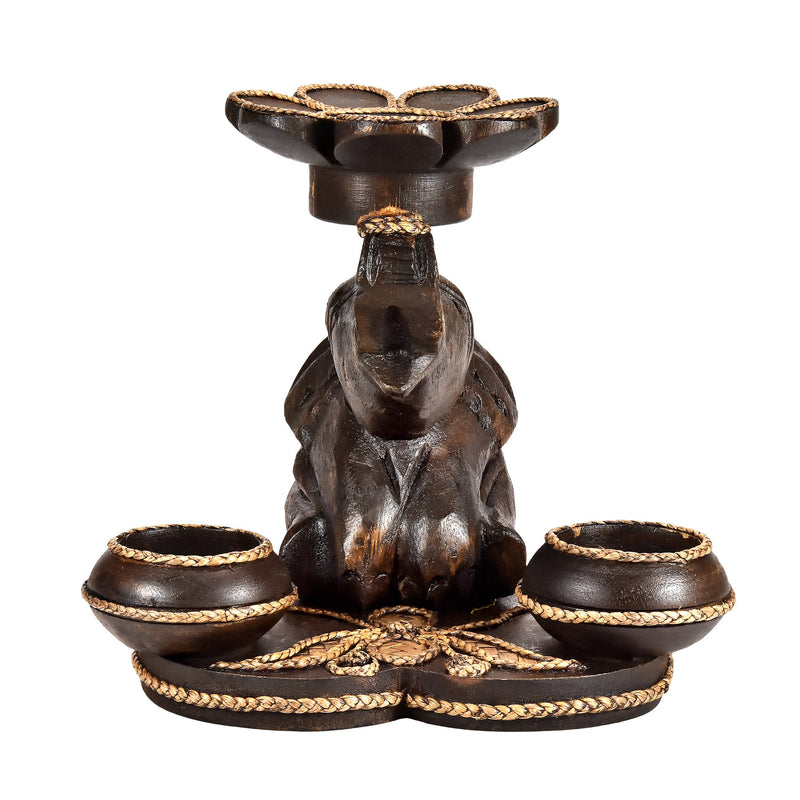 NewNest Australia - AeraVida Playful Hand Carved Elephant Under a Flower for Three Candles Holder 