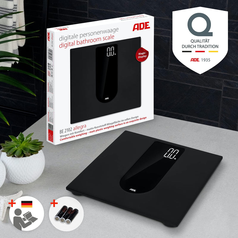 Ade Digital Bathroom Scales With Large Led Display | Non-Slip Weighing Surface Made Of Safety Glass | Accurate Weighing Results In 100G | Elegant Black Matte Surface | Up To 180Kg - NewNest Australia
