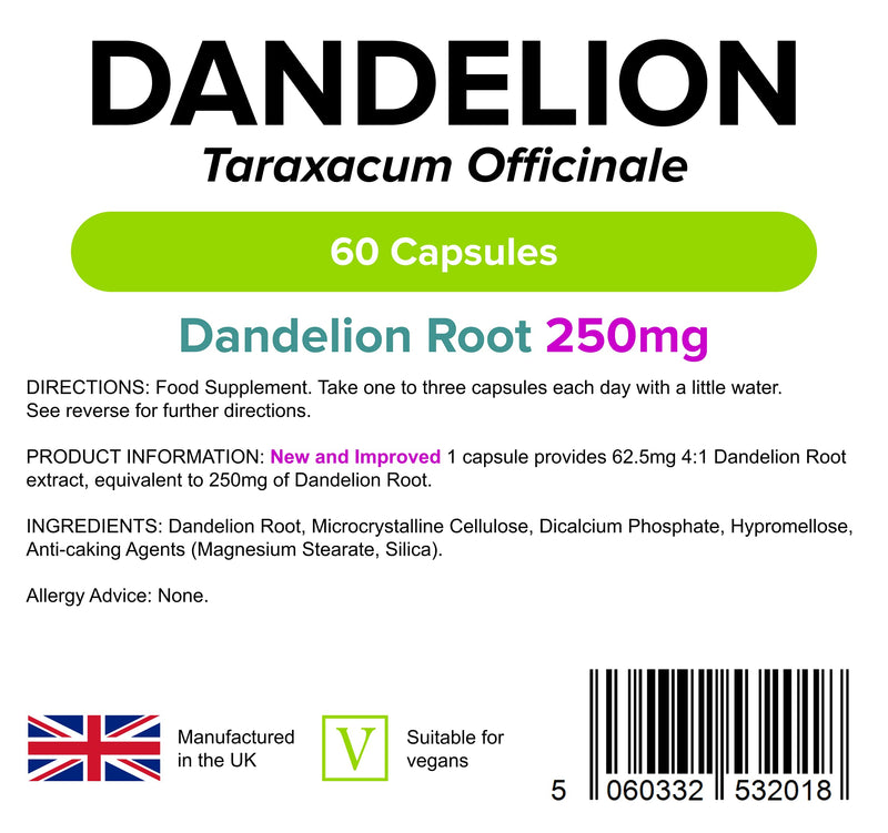 Lindens Dandelion 250mg - 60 Vegan Capsules - Water Retention, Detox, Cleanse | Taraxacum Officinale | 250mg Powdered Dandelion Root - UK Manufacturer, Letterbox Friendly - NewNest Australia