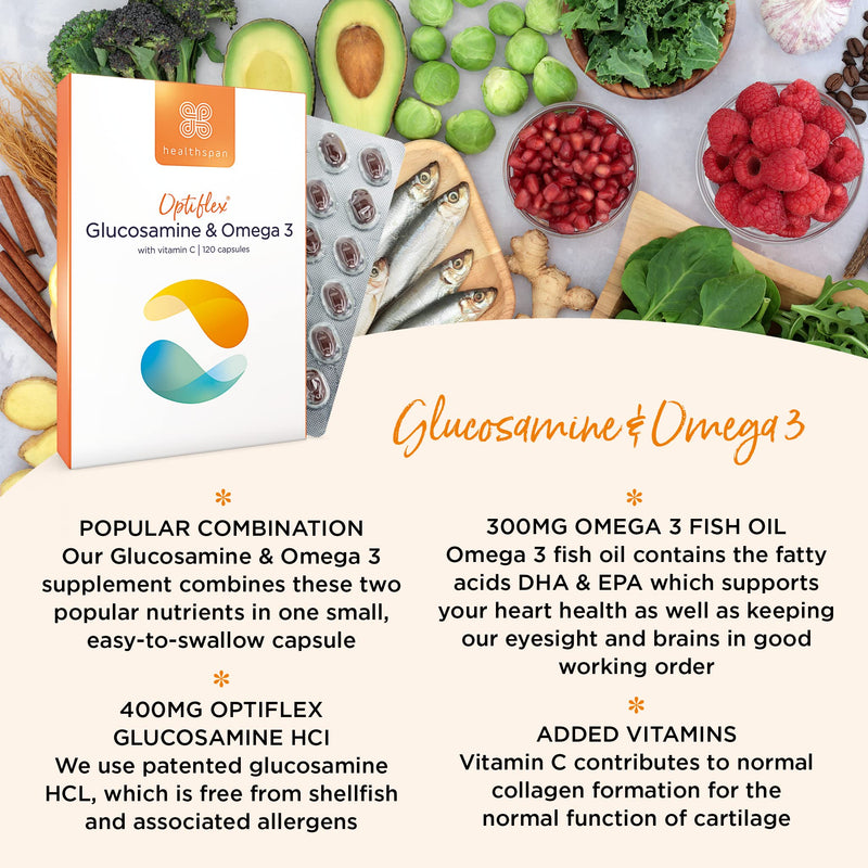Healthspan Glucosamine & Omega 3 | 120 Capsules | Joint Health | Added Vitamin C | 400mg Optiflex Glucosamine HCI | 300mg Omega 3 Fish Oil | Highly Purified & Sustainably Sourced - NewNest Australia