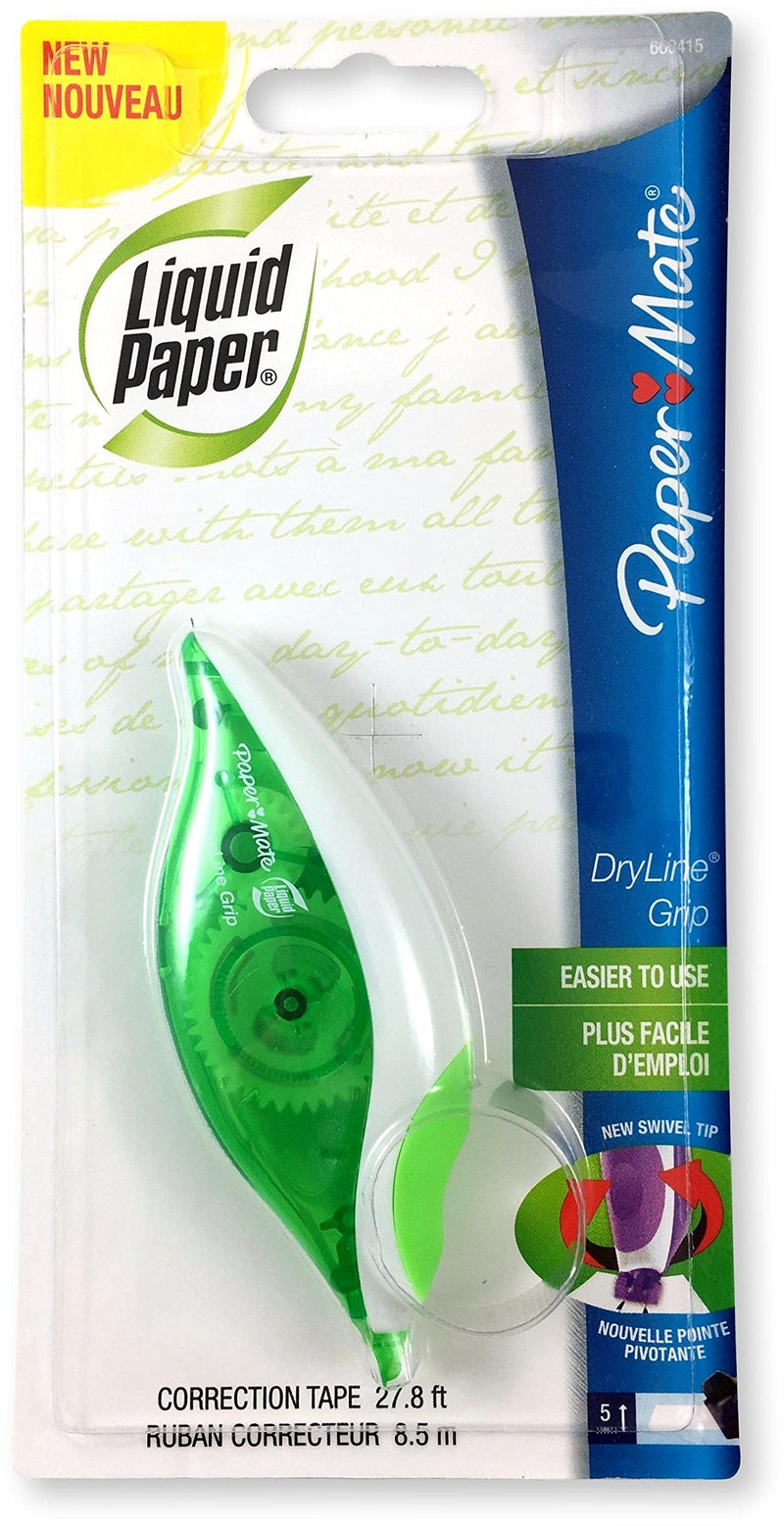 Paper Mate 660415 Liquid Paper DryLine Grip Correction Tape Dispenser, Pack of 4; Transparent Green Body; 1/5 inches Wide x 27.8 feet Long White Tape; Applies Dry, Rewrite Instantly; Swivel Tip - NewNest Australia