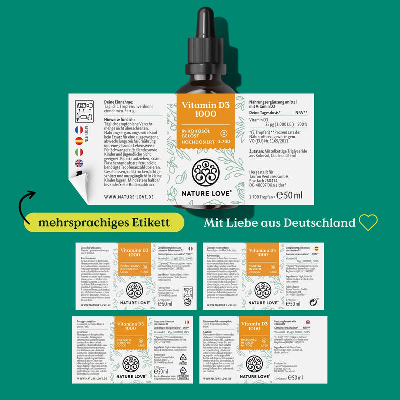 NATURE LOVE® Vitamin D3 1000 (50ml liquid) - laboratory tested 1000 IU per drop - in MCT oil from coconut - high dose of vitamin D - highly bioavailable, very high stability and without unnecessary additives - NewNest Australia